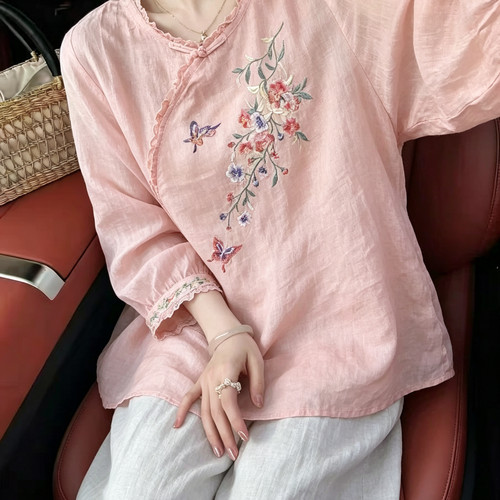 【YUXI严选】天然防晒复古斜襟中式衬衫女夏季文艺盘扣刺绣小衫