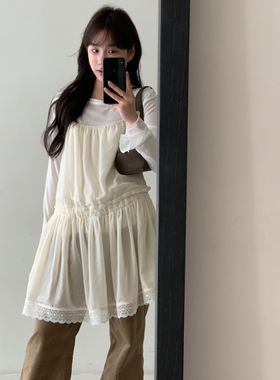 【YUXI严选】早春小众设计师品牌清新休闲花边丝绒吊带裙连衣裙