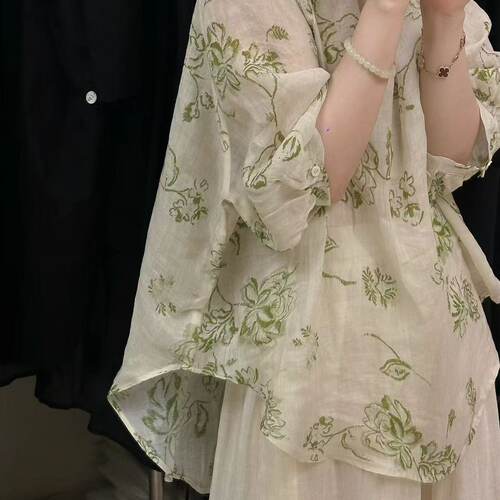 夏季新中式印花苎麻圆领女衬衫