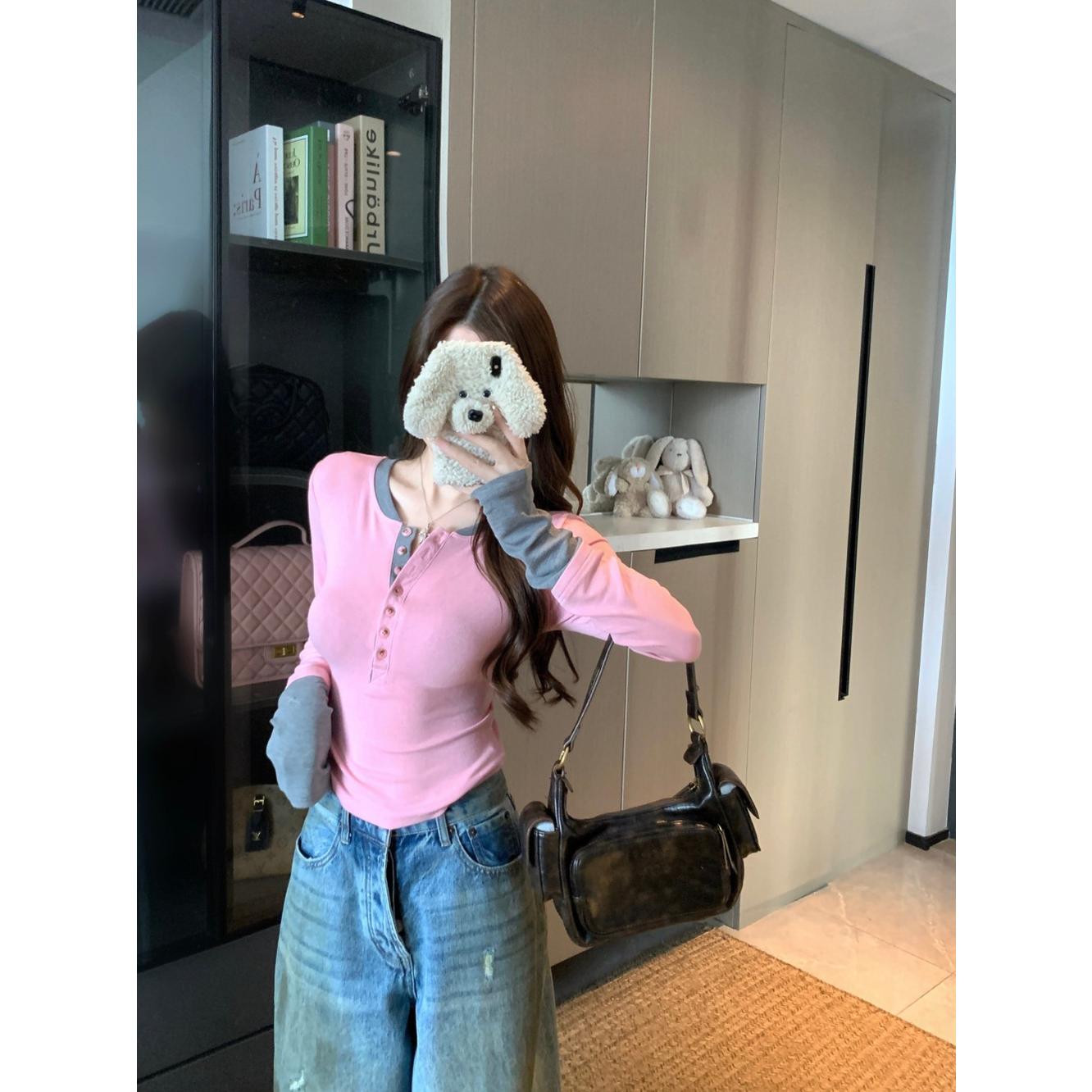 假两件半开领收腰长袖t恤