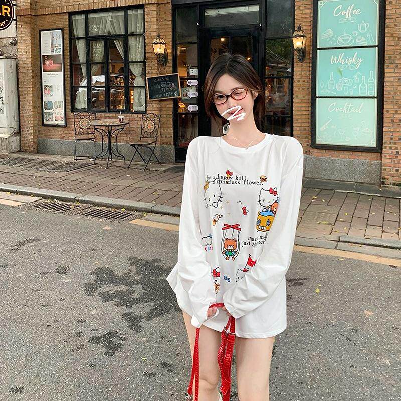 甜美印花圆领长袖T恤女秋季薄款宽松防晒罩衫白色中长款打底上衣