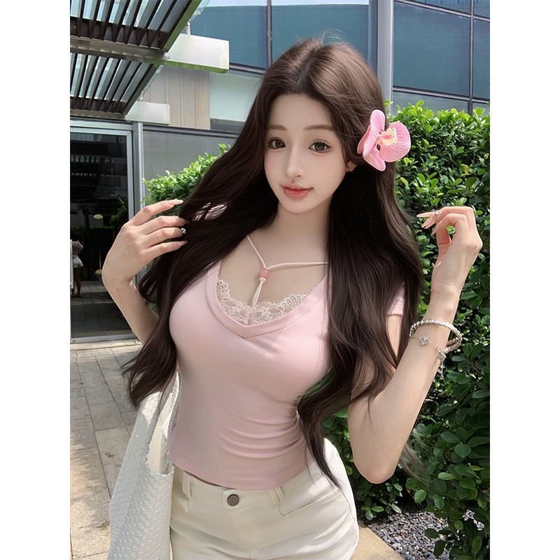 温柔风甜美粉色蕾丝针织上衣
