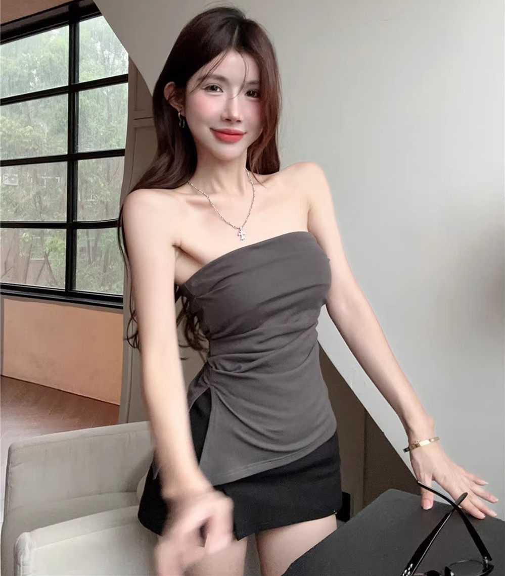 纯欲性感露背抹胸小背心女春秋修身开叉灰色上衣短款外穿打底裹胸