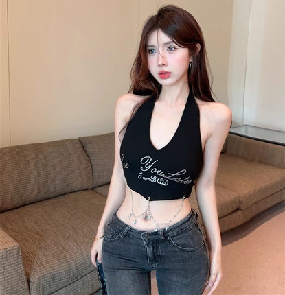 甜辣字母挂脖背心小吊带女夏季紧身显瘦内搭露背无袖短款上衣外穿