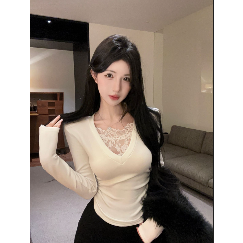 显瘦上衣女秋冬假两件蕾丝打底衫