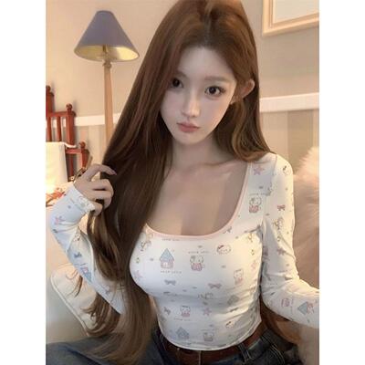 纯欲甜辣妹kt猫印花U领长袖t恤女