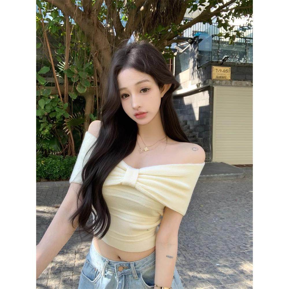 纯欲氛围感蝴蝶结一字肩针织衫短袖T恤女夏温柔修身显瘦收腰上衣,女装/女士精品,毛针织衫,淘宝优惠券,粉丝福利购,淘宝优惠卷