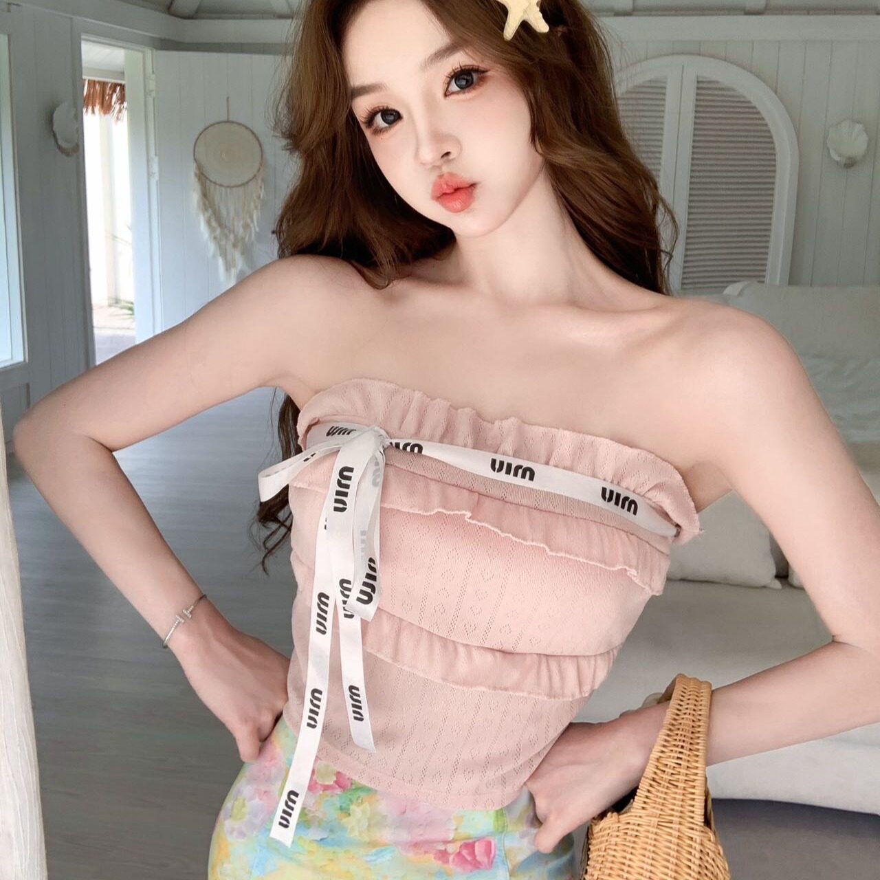 带胸垫纯欲辣妹小香风木耳边拼接设计感一字肩抹胸背心女短款上衣
