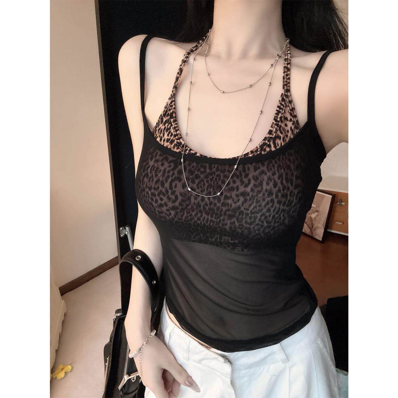 带胸垫海边度假风豹纹挂脖小吊带