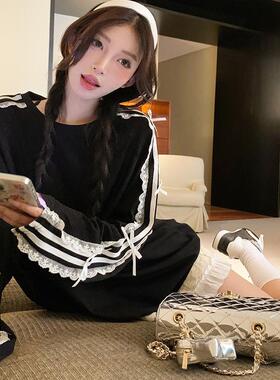 蝴蝶结黑色长袖宽松T恤女装秋季蕾丝拼接韩版中长款圆领百搭上衣