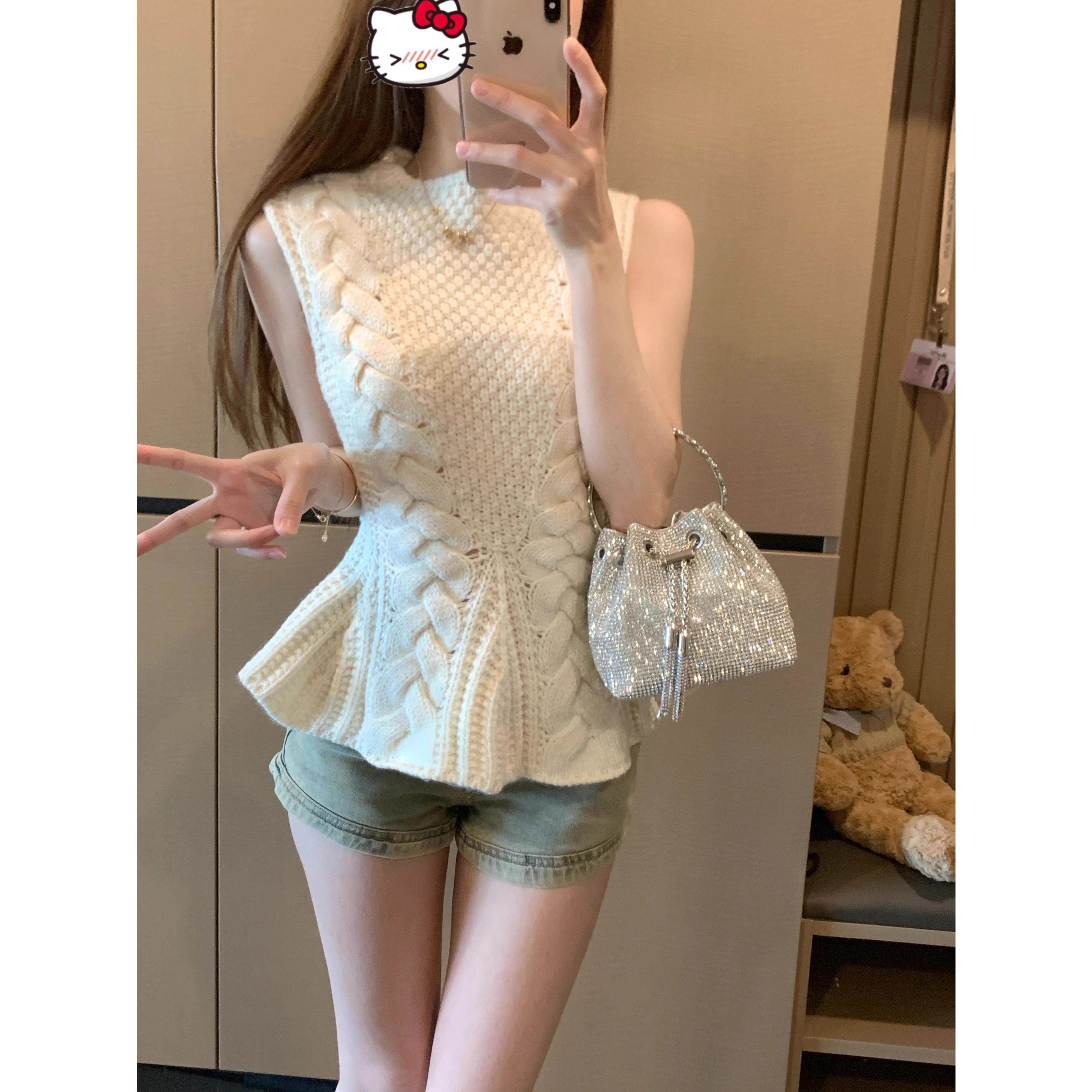 韩系杏色无袖针织背心女夏季荷叶边修身内搭甜美chic短款打底上衣