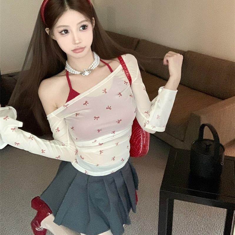 假两件露肩挂脖长袖T恤女装夏季蝴蝶结印花辣妹修身薄款罩衫上衣