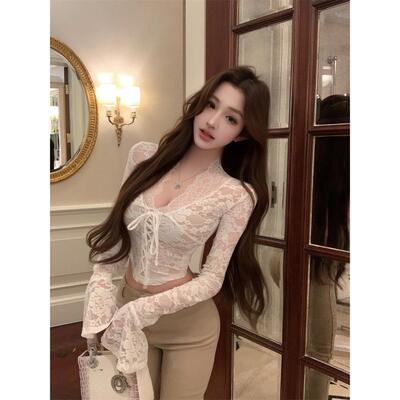 纯欲风绑带v领长袖蕾丝衫T恤女