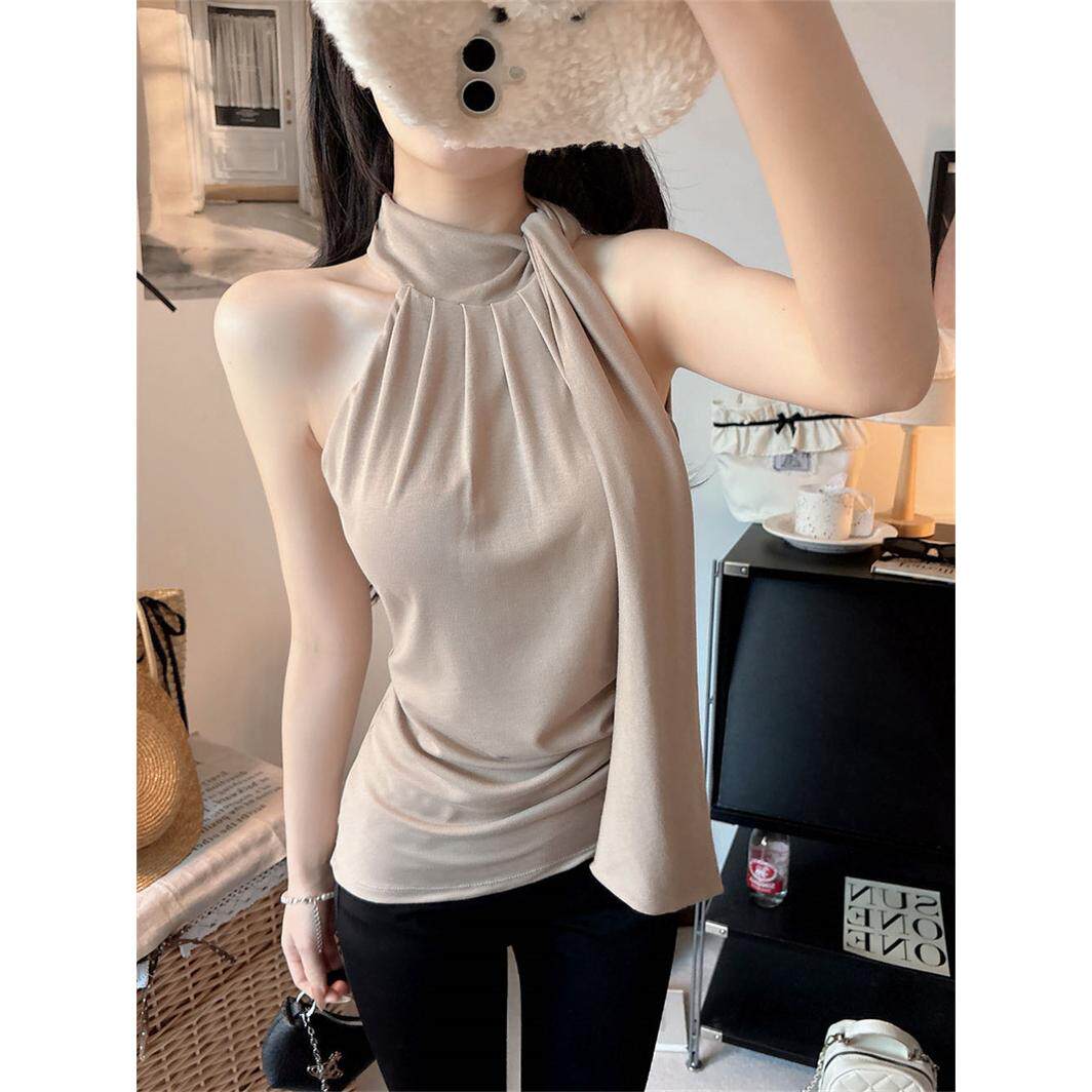 带胸垫 飘带挂脖修身吊带小背心女夏季显瘦内搭无袖纯欲辣妹上衣