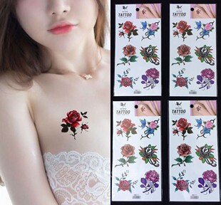 纹身贴防水女持久仿真玫瑰花朵胸部锁骨脚踝 4张同款纹身贴 包邮