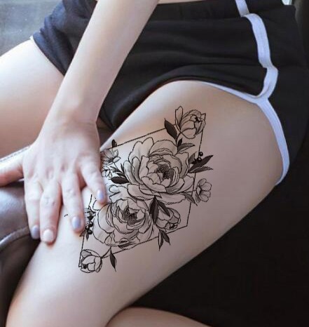 纹身贴纸手臂锁骨线条素花女男防水黑色牡丹花遮疤痕肚子纹身贴