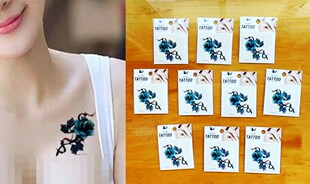 小图案胸部纹身贴纸防水持久蓝色玫瑰性感遮疤痕一套10张套装包邮