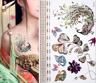 烫金烫银纹身贴防水女孔雀羽毛蝴蝶天鹅创意个性胸部 YH-119