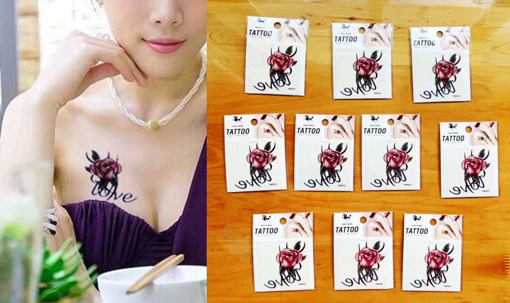 玫瑰纹身贴纸女款防水持久胸前腿部一套10张独立包装套装包邮