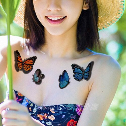 3d纹身贴蓝色蝴蝶彩色仿真持久防水锁骨胸部脚踝遮暇满15元包邮