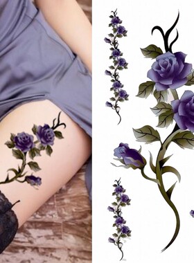纹身贴紫色系玫瑰防水持久花臂大腿一次性暂时长条形图腾三张包邮