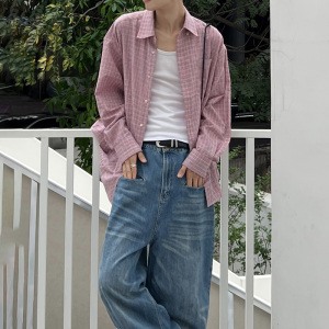 Our Legacy定制粒感粉色格子衬衫休闲宽松泡泡纱格纹衬衣立领长袖