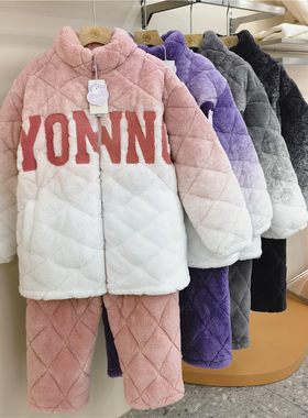 冬款女79172男79173美狐绒夹棉加厚保暖情侣套装家居服睡衣