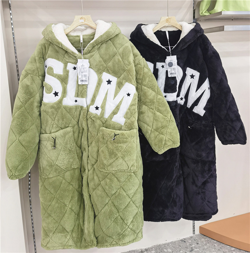 冬款女79515男79653美狐绒夹棉加厚保暖情侣套装家居服睡衣