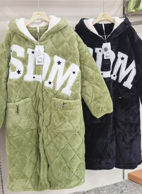 冬款女79515男79653美狐绒夹棉加厚保暖情侣套装家居服睡衣