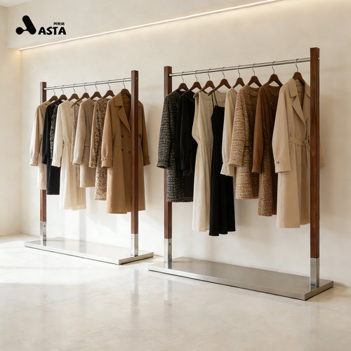 服装店展示架原木色落地中岛买手店中古风挂衣架女装陈列网红衣架