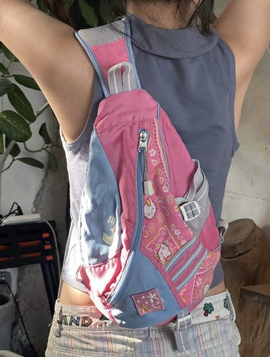 vintage remake中古拼色单肩背包斜背包弓箭包y2k辣妹Kitty小包