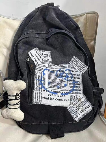 新款手作鬼马少女喷绘渐变牛仔双肩包可爱骨头背包卡通大容量书包