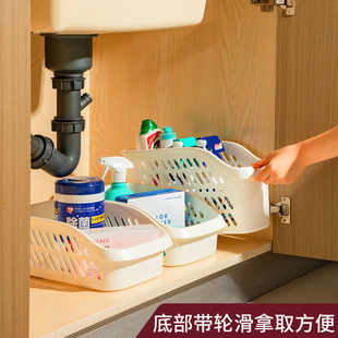 橱柜收纳盒家用厨房用品调料杂物篮带轮储物框下水槽置物架 日式