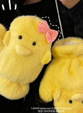 可爱黄色小鸭子手套女冬季加绒保暖挂脖学生骑行软妹韩版全指防风