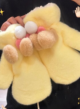 韩国ulzzang软妹可爱黄色手套女冬加绒保暖学生骑行滑雪连指挂脖