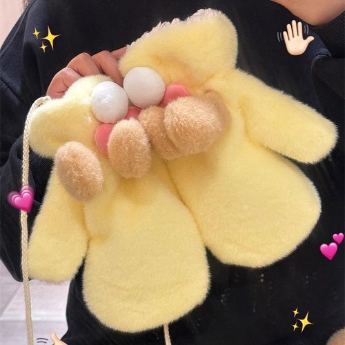 黄色可爱软妹手套女冬天加绒保暖
