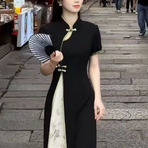 新中式女装中国风高级感气质旗袍连衣裙高腰显瘦小个子汉服长裙子