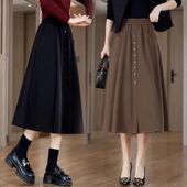 a字伞裙休闲大摆裙子 松紧高腰中长款 口袋半身裙女2025春秋季 新款