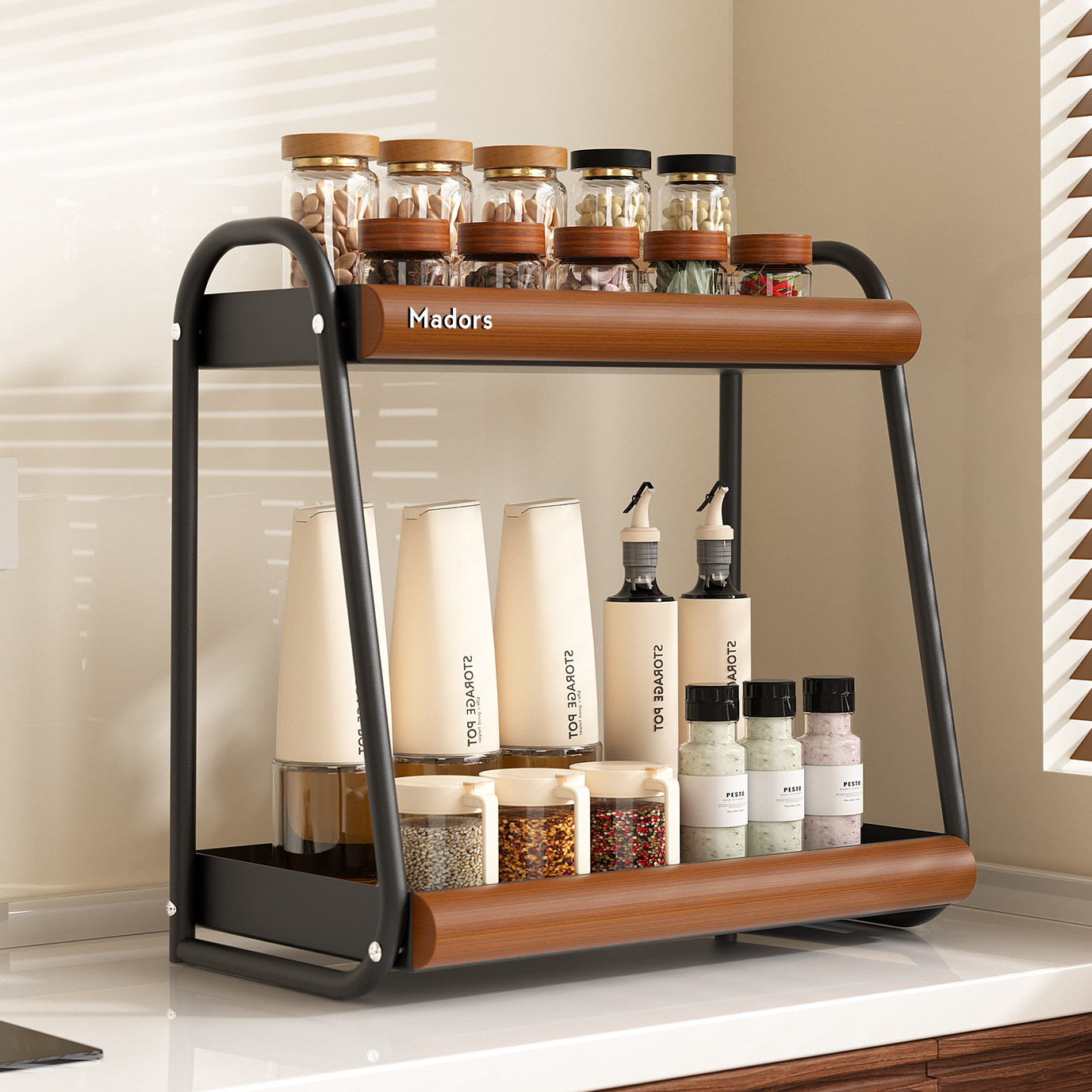 Madors调料品置物架厨房多功能家用台面双层中古风调味料收纳架子