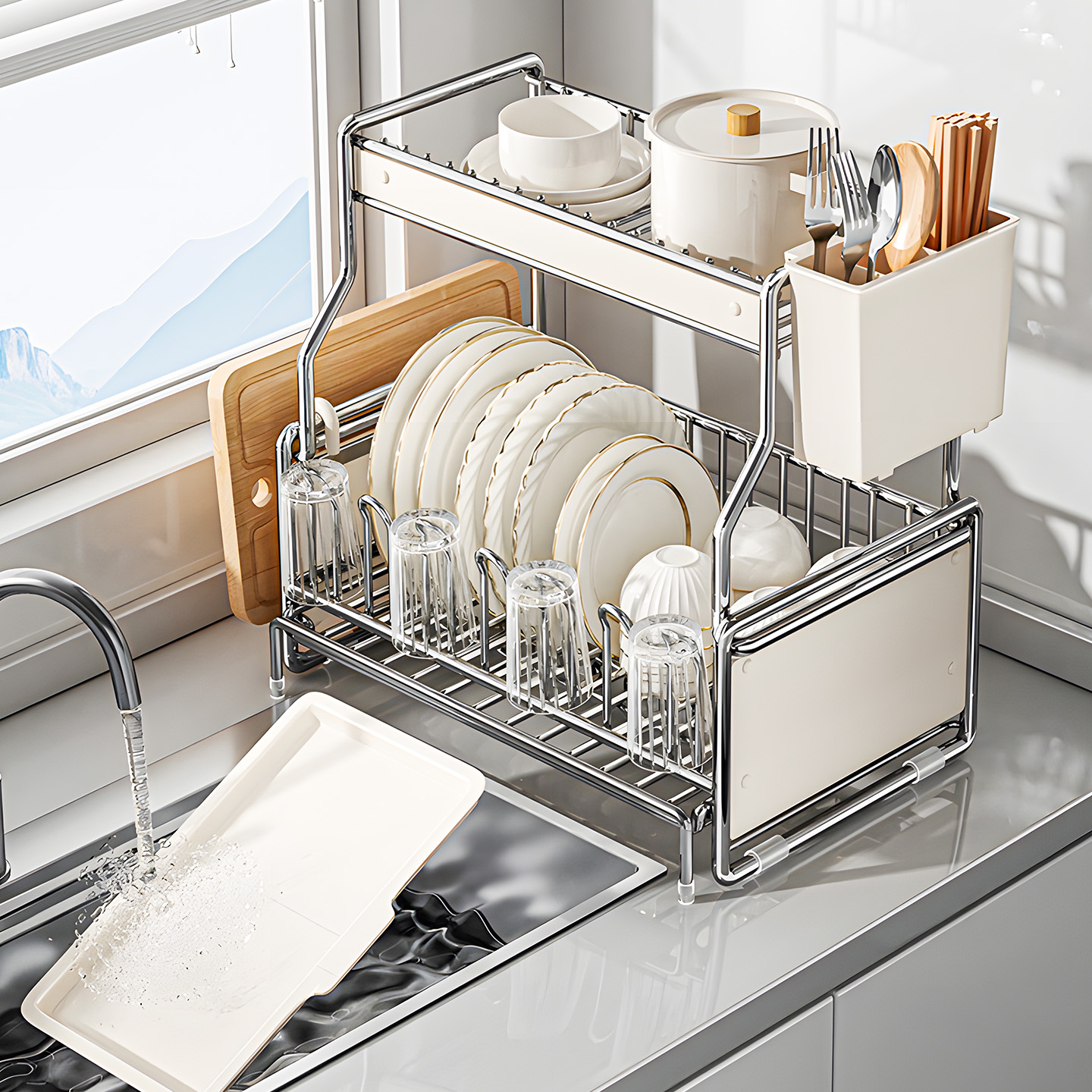 新款厨房大容量餐具沥水架