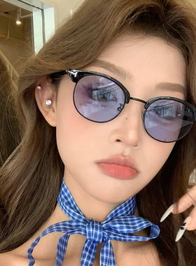 网红半框蓝色太阳镜女潮ins