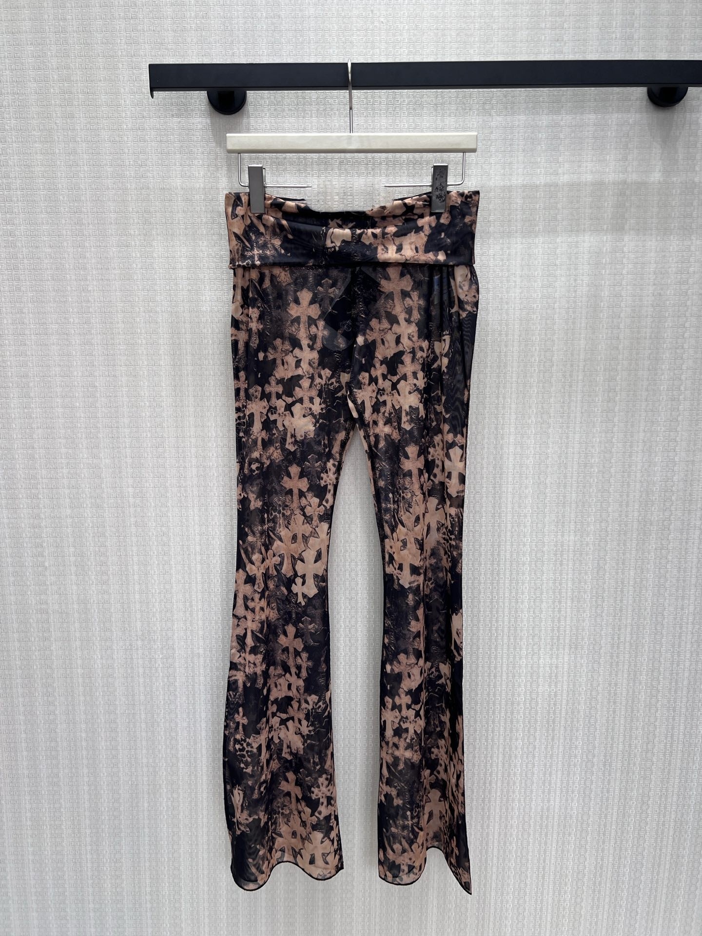 thumbnail for European Station New Fashionable Versatile Slimming High-Waist Cross-Print Mesh Flared Pants for Women, Slim Fit Elegant Distressed Brown