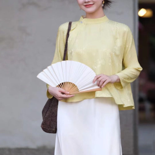 SONG YI 新款新中式桑蚕丝立领宽松简洁斜襟上衣