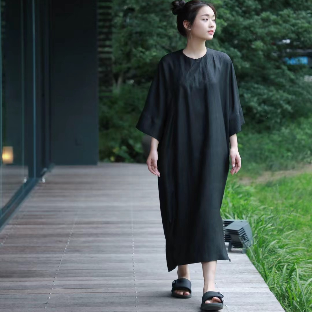 SONG YI 夏新款新中式桑蚕丝套头圆领宽松简洁长款连衣裙袍子