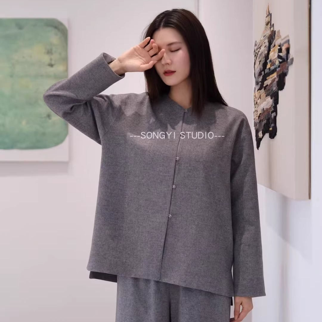 新中式羊绒混纺简洁高级灰套装