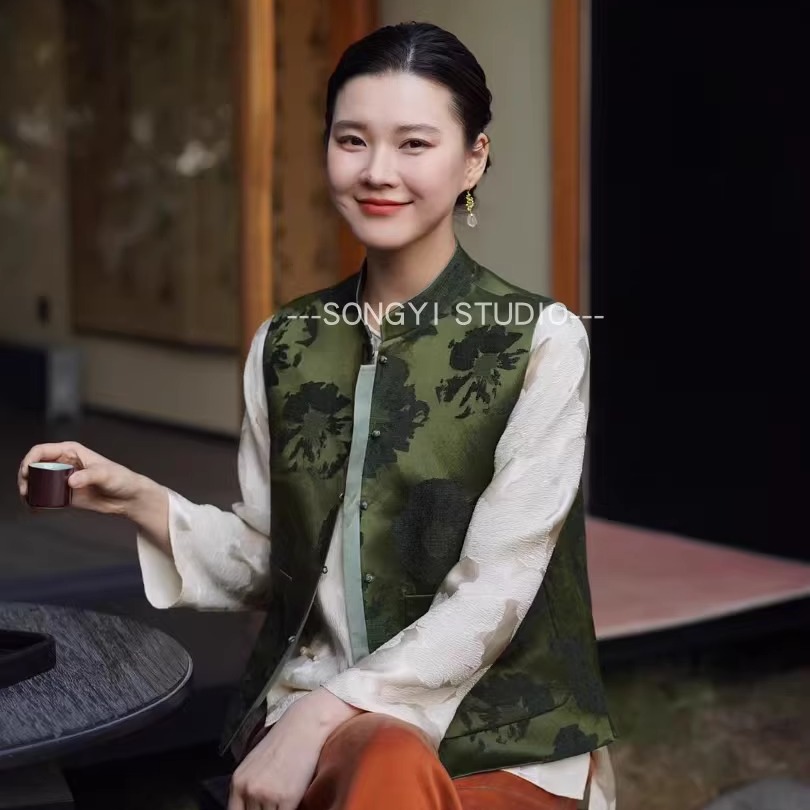 新中式香云纱对襟立领马甲