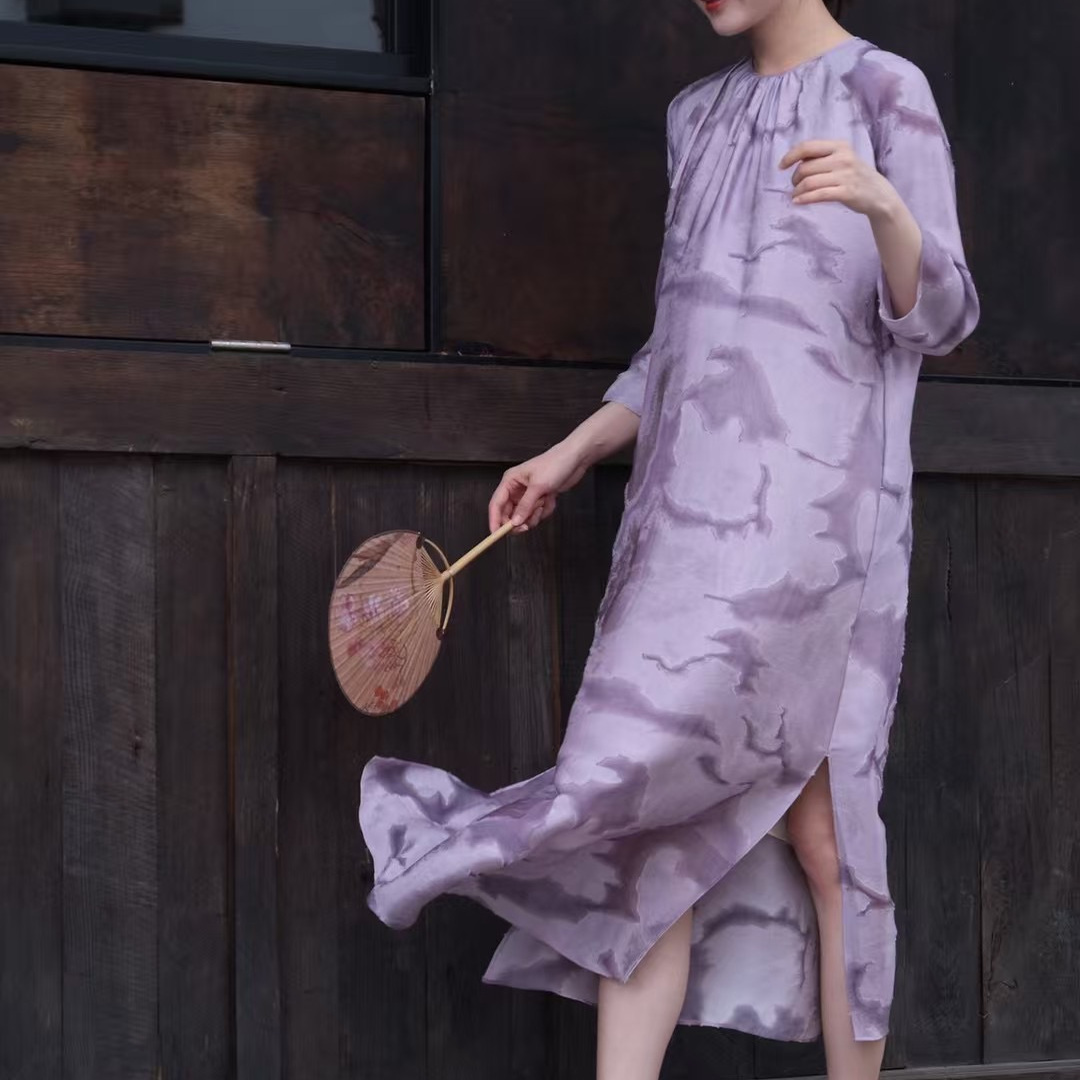 SONG YI 夏新款新中式真丝混纺套头圆领系带宽松简洁中长款连衣裙