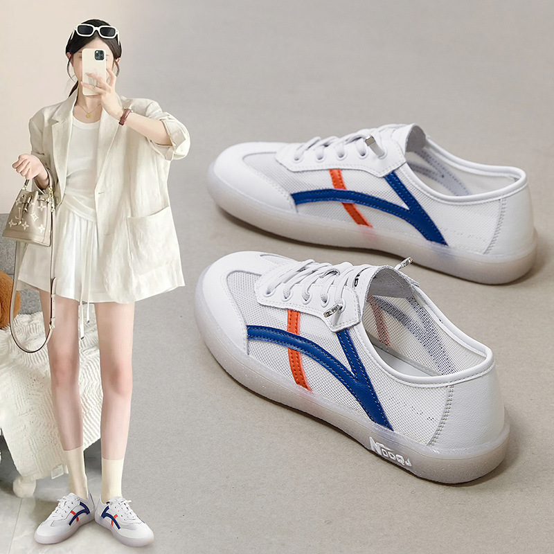 ZHR二层牛皮免系带果冻网面小白鞋2025休闲透气百搭拼色防滑板鞋
