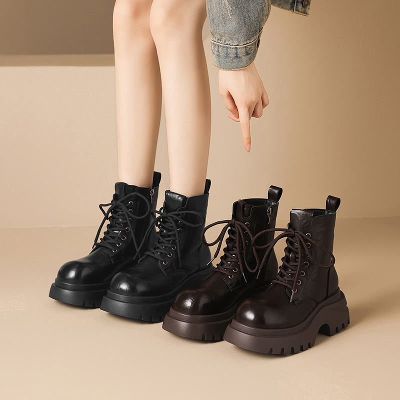 ZHR厚底皱面马丁靴复古加绒短靴