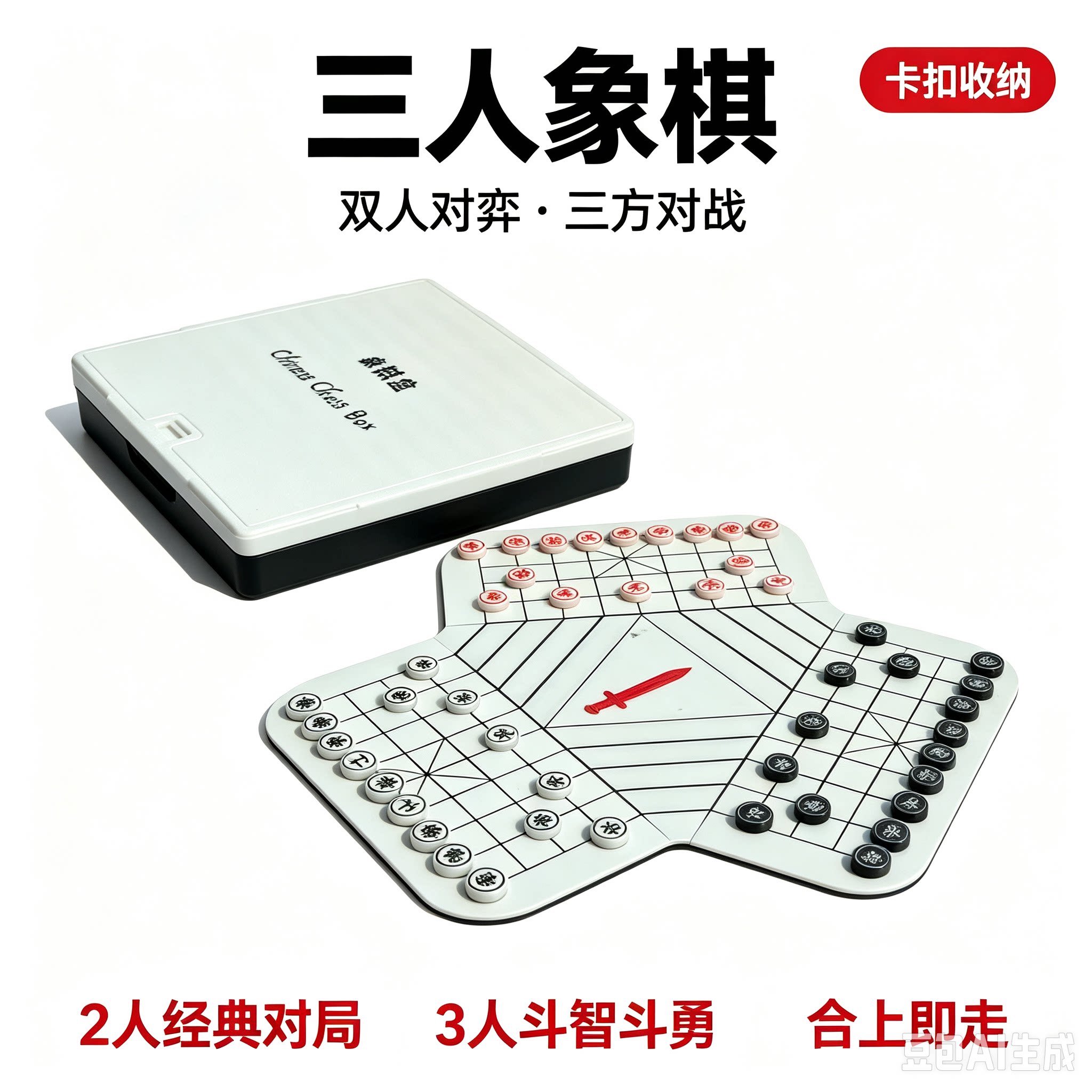 两人三人三国象棋折叠便携棋盘卡扣棋盒支持定制3d打印益智桌游